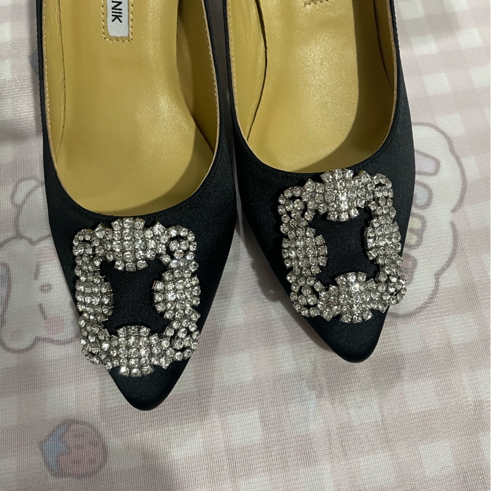 Manolo Blahnik Black Satin Pointed Pumps with Crystal Buckles - Picture 8 of 8
